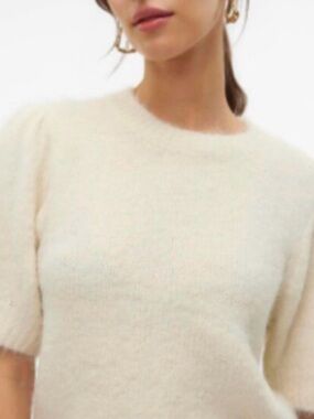 Melrose and Market Cream Short-Sleeve Fuzzy Crewneck Sweater